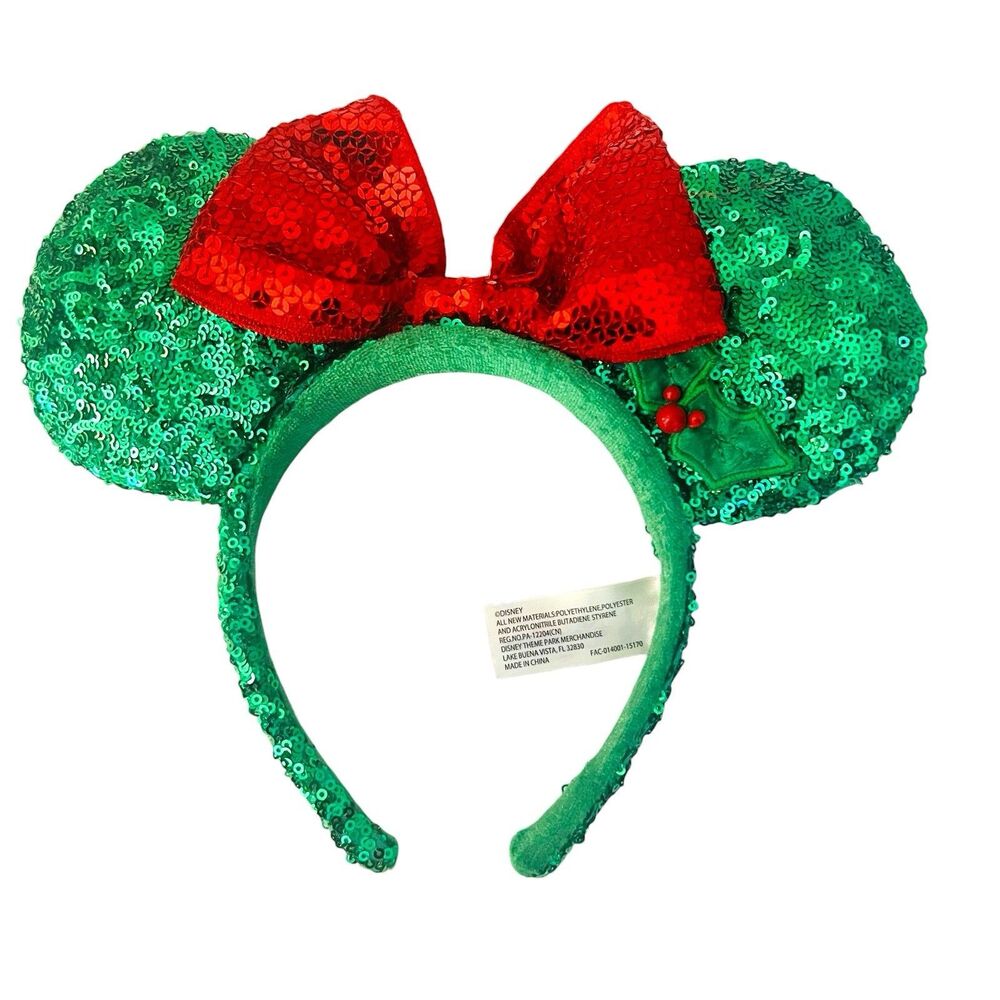 Authentic Disney Parks Holiday Minnie Mouse Ear Headband w Bow Christmas Green